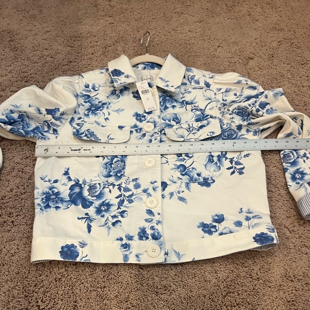 NWT new medium Anthropologie puff sleeve denim jean blue floral utility jacket - Picture 15 of 16